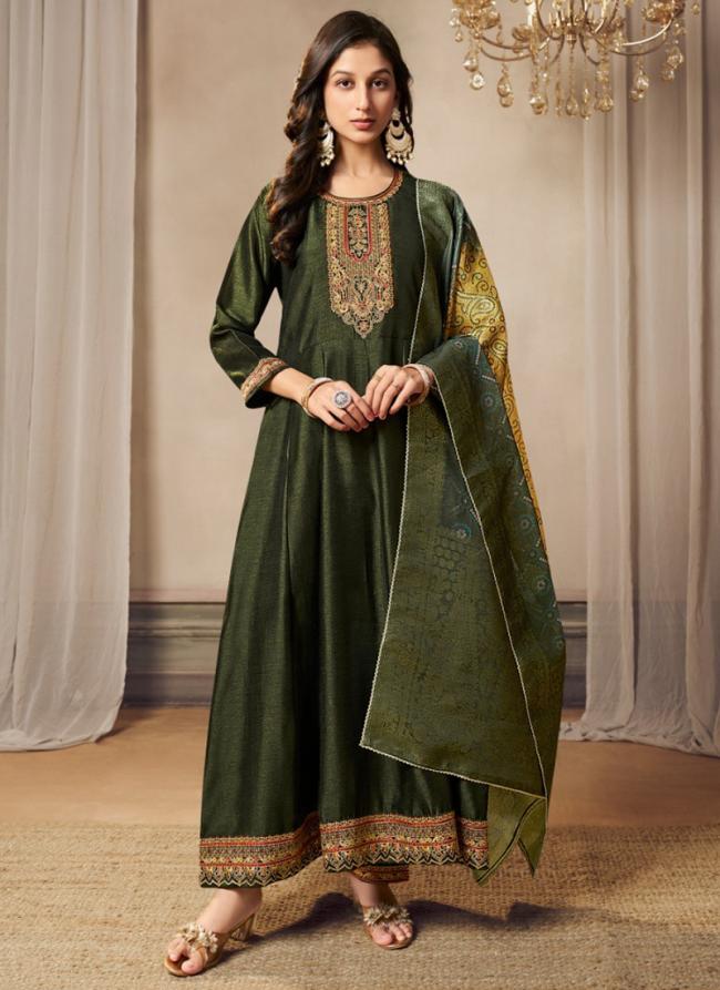 Silk Mehendi Ceremonial Wear Embroidery Work Readymade Anarkali Suit